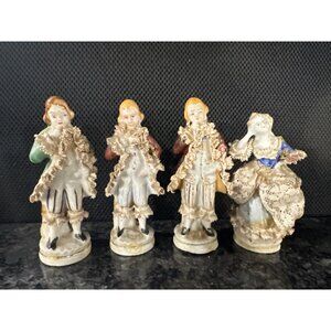 Vintage Figurine 4 Victorian Occupied Japan Orion China? Lace  - 3 Men & 1 Woman